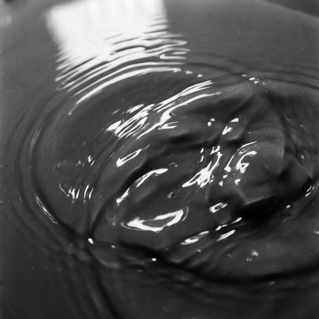 Abstract ripples in dark grey viscous serum liquid, light reflecting off surface